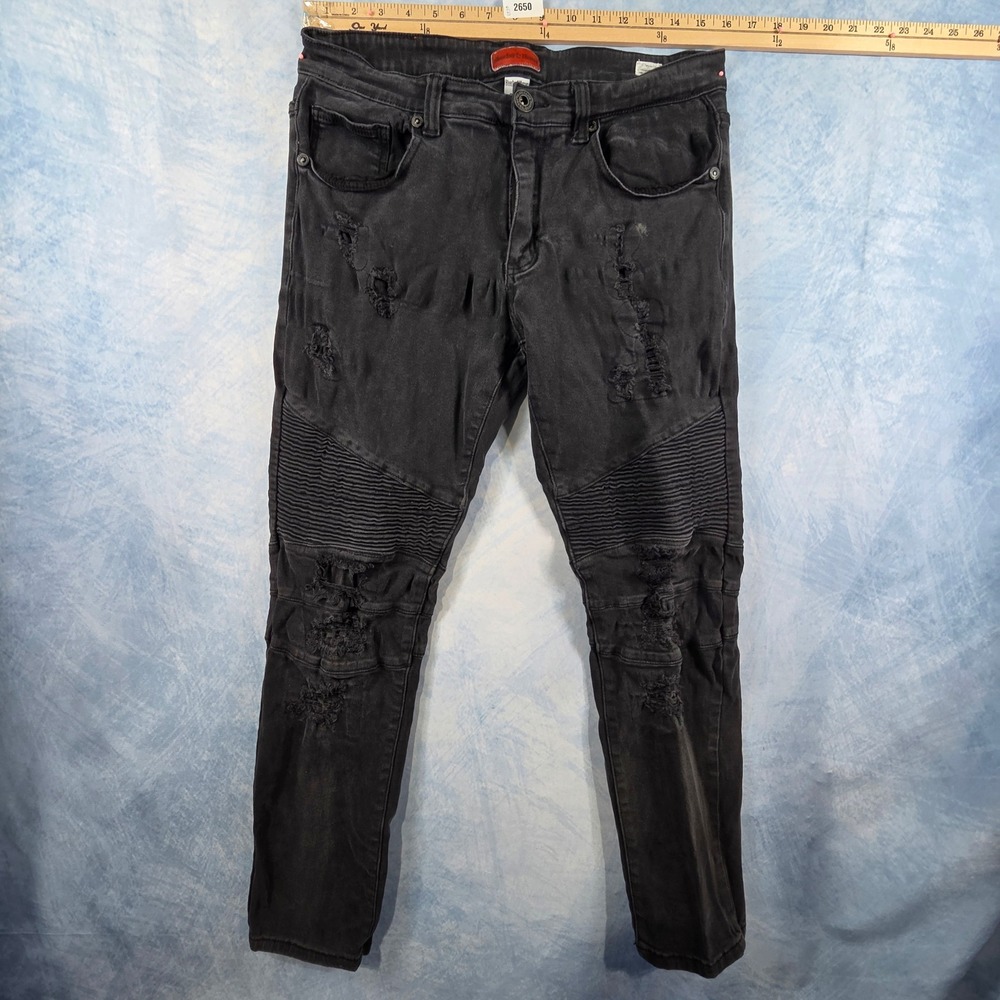 Bleecker & Mercer Mens Black Distressed Biker Moto Slim Fit Jeans 34x32